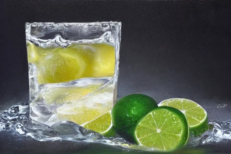 Prompt: award winning ultra - realistic!!! oil painting of an ice cube starting to melt in the forefront. it's surrounded by a lime wedge!!!! an empty bottle of tequila and fallen salt shaker. black!!! background