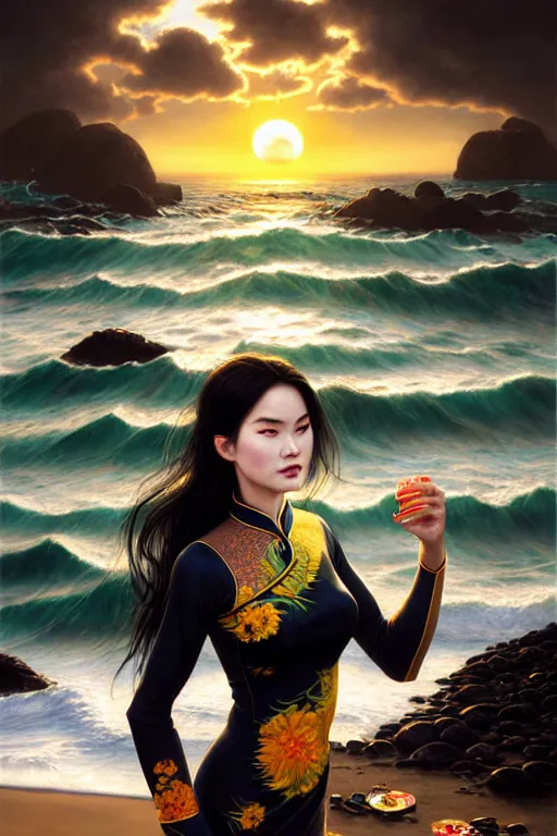 Image similar to photorealistic portrait of a dark mystical goddess wearing a qipao dress, ao dai, big sun rough sea and jagged rocks, nets, plastic bottles, garbage, sand and sea, golden hour, environmental, fantasy, atmospheric, hyper realistic, artstation, art by artgerm, andres rodriguez and john william waterhouse