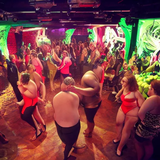 Prompt: a photo of a very weird nightclub. fat men in swimsuits and giant fruit and vegetables all over the floor.