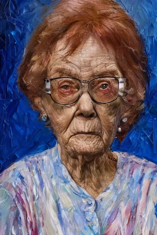 Image similar to palette knife oil painting portrait of rosina leckermaul, an elderly woman who is in a deep state of depression, extreme detail, artstation trending, grandma, blue, artgerm, any racial background, deviant art, octane, substance, art history 8 k