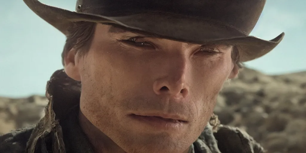 Image similar to portrait of rugged bandit cillian murphy in the old west, strangling a cowboy in volumetric lighting, cinematic, dark, grim. directed by coen brothers.