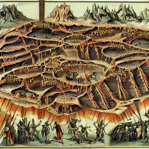 Image similar to detailed map of the nine layers of hell from dantes inferno. cutaway style.