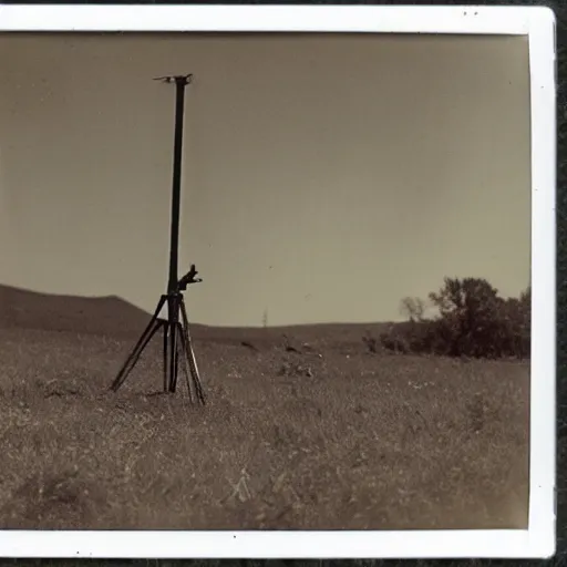 Image similar to old polaroid depicting a martian tripod walker from war of the worlds, at a clearing, in the distance