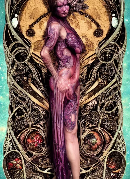 Image similar to gorgeous girl in a cosmic dress, full-body tattoos, ornate, rococo, grotesque, zbrush art, majestic, organics, silver filigree, colorful, dark fantasy, celtic knot, anatomical, HR, giger style, moebius, frank frazetta, ornate, art nouveau, symmetrical, turquoise jewelry, red smoke, roses, unbiased render, rotten, Emil melmoth, eerie, macabre, haunting, detailed and intricate, floral, faded pink, hypermaximalist, elegant, vintage, hyper realistic, super detailed, pastel colors, 8K, octane render, 8k