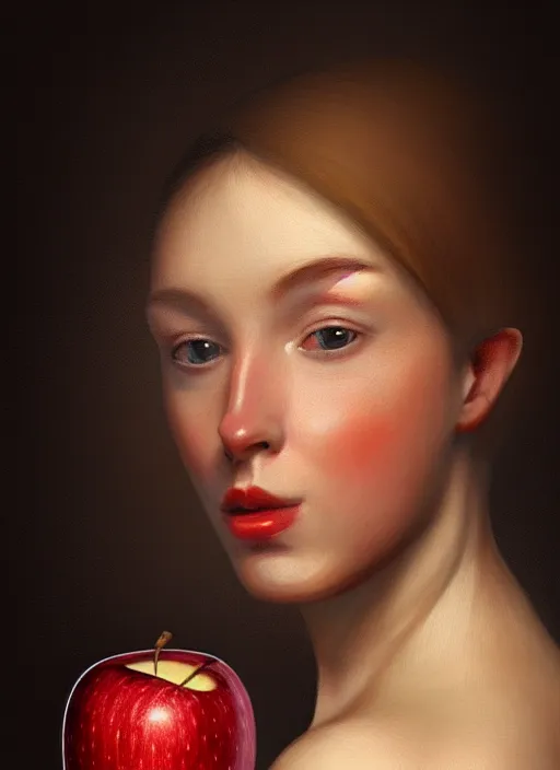 Prompt: woman holding an apple, realistic, highly detailed, digital illustration, trending in artstation, classical painting, smooth, sharp focus, art by liberatore