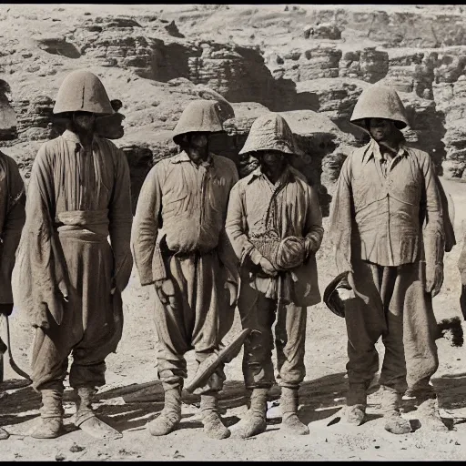 Image similar to ultra detailed photorealistic sepia - toned line drawing from 1 9 1 7, a small group of british soldiers standing with bedouin traders in traditional arab garb, at an archaeological dig site in wadi rum, ultra realistic, painted, intricate details, lovecraft, atmospheric, dark, horror, brooding, highly detailed, by clyde caldwell