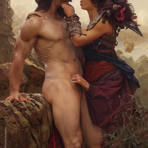 Prompt: portrait painting of dark muscular begali couple kissing, ultra realistic, concept art, intricate details, eerie, highly detailed, photorealistic, octane render, 8 k, unreal engine. art by artgerm and greg rutkowski and alphonse mucha