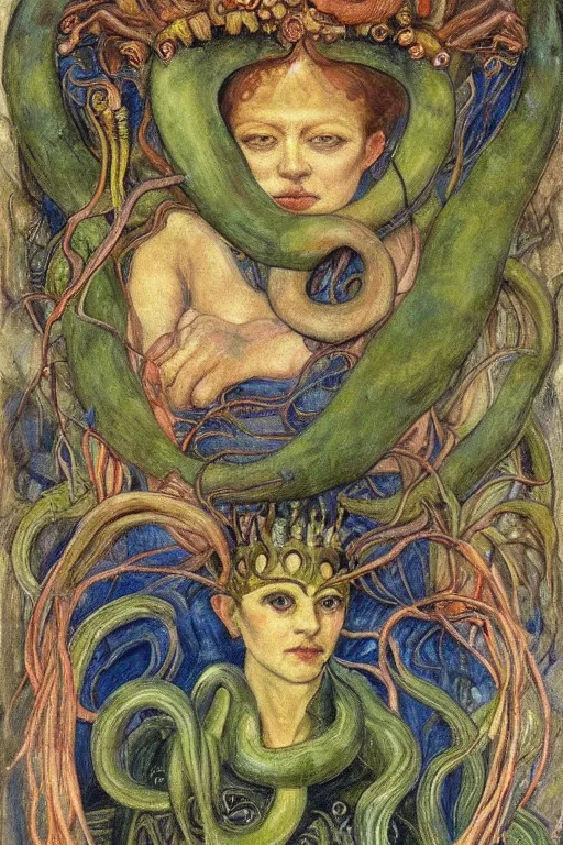 Image similar to the tentacle crown,by Annie Swynnerton and Diego Rivera, symbolist, dramatic lighting, elaborate geometric ornament, Art Brut, bioluminescent, soft blues and greens,smooth, sharp focus, extremely detailed, Adolf Wölfli