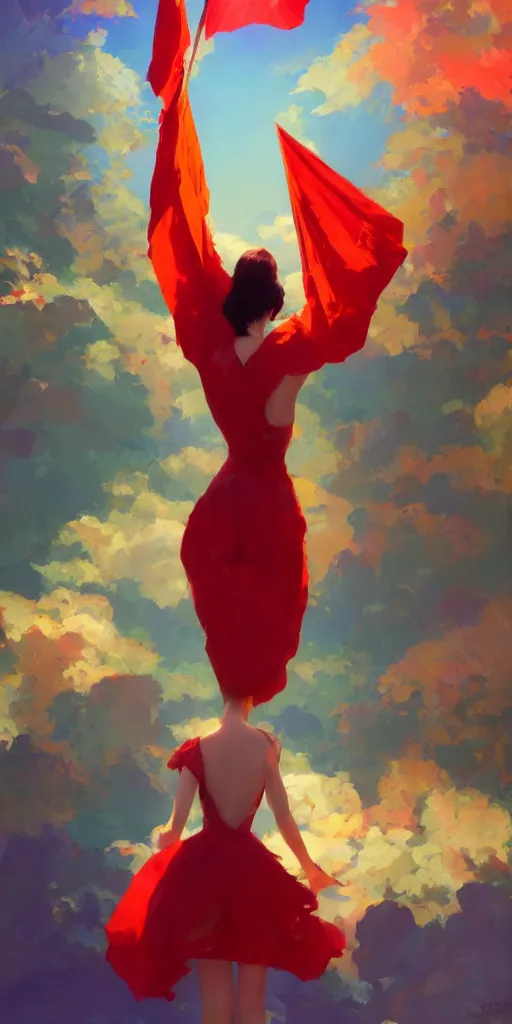 Prompt: gorgeous bright girl waving a red flag over her head dancing through Mandelbrot fractal by Craig Mullins, ilya kuvshinov, krenz cushart, artgerm trending on artstation by Edward Hopper and Dan Mumford and WLOP and Rutkovsky, Unreal Engine 5, Lumen, Nanite