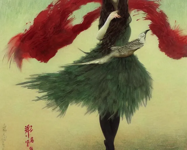 Image similar to a gorgeous prima ballerina japanese art with a red scarf, medium long brown hair, green eyes, is looking at a bird, ethereal, horror, fantasy art by greg rutkowski and magali villeneuve and claude monet