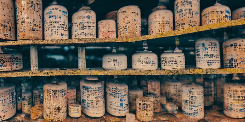 Image similar to extreme close - up of half empty shelves of a sundry shop at pulau indah fishing village, near a jetty, early morning, detailed matte painting, low angle view, telephoto lens, bokeh, studio ghibli, artstation