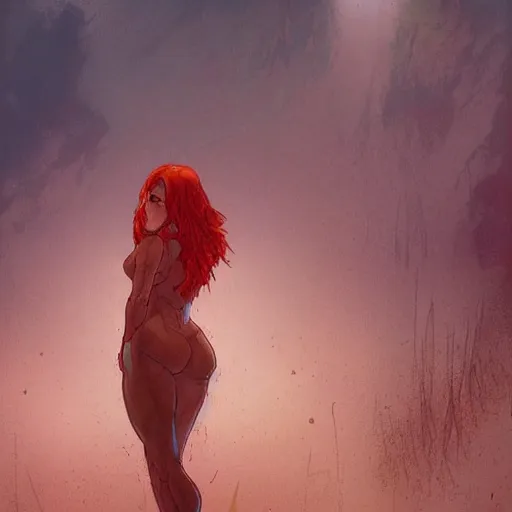 Image similar to a beautiful comic artwork by Jerome Opeña of a woman with red hair coming out of a lake at night, featured on artstation