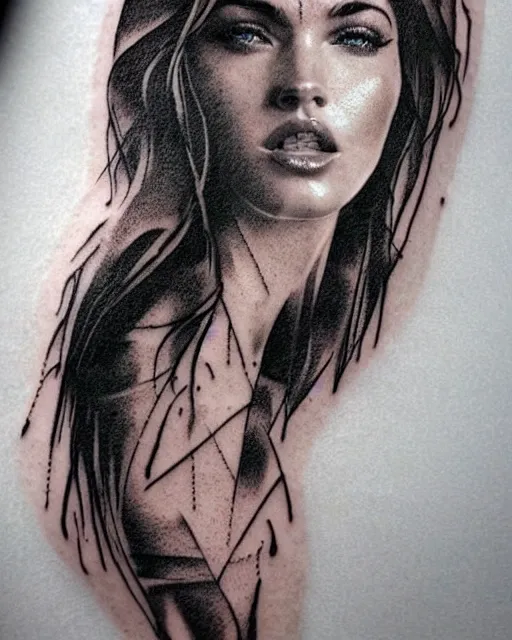 Image similar to double exposure effect tattoo design sketch of megan fox with beautiful mountains, realism tattoo, in the style of andrey lukovnikov, amazing detail, sharp, surrealist