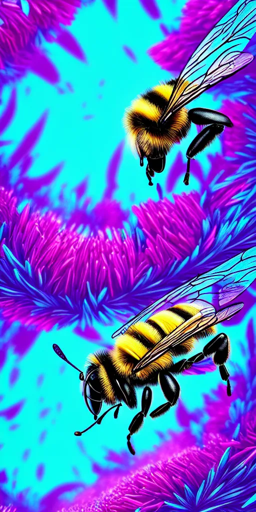 Image similar to hyper detailed ultra sharp of a beautiful bee. trending on artstation, vaporwave aesthetic, synthwave, colorful, psychedelic, digital painting, concept art, smooth, sharp focus, illustration, 8 k