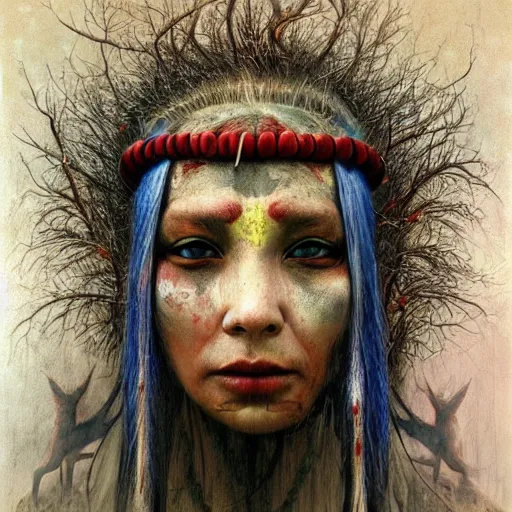 Prompt: A young blindfolded shaman woman with a decorated headband from which blood flows, in the style of heilung, blue hair and wood on her head. The background is a forest on fire, made by Esao Andrews and Karol Bak and Zdzislaw Beksinski,