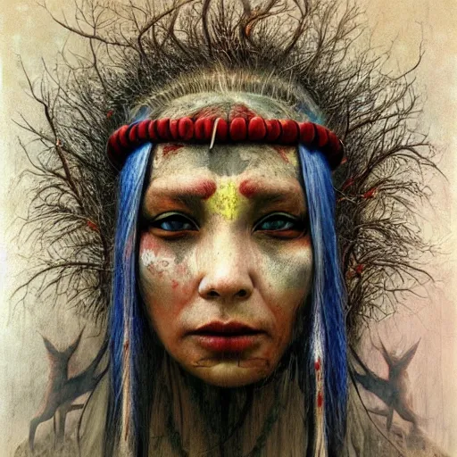 A young blindfolded shaman woman with a decorated, Stable Diffusion