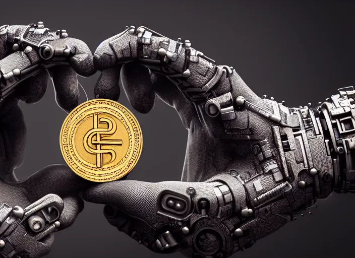 Prompt: mechanical cybernetic hand holding a coin that's worth 1 human soul in hell. centered. horror cyberpunk dystopia style. highly detailed 8 k. intricate. nikon d 8 5 0 3 0 0 mm. award winning photography.