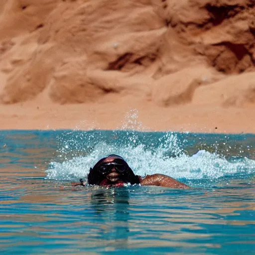 Prompt: wale swimming in the desert