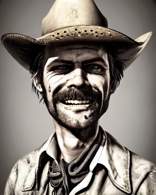 Prompt: portrait of a cursed smiling cowboy, ultra realistic, western, weird west, gothic horror, highly detailed, hd, sharp focus, cinematic lighting, shaded, mood lighting, realistic, photorealistic, vivid colors, painting, photograph, digital art, non blurry, sharp, smooth, illustration