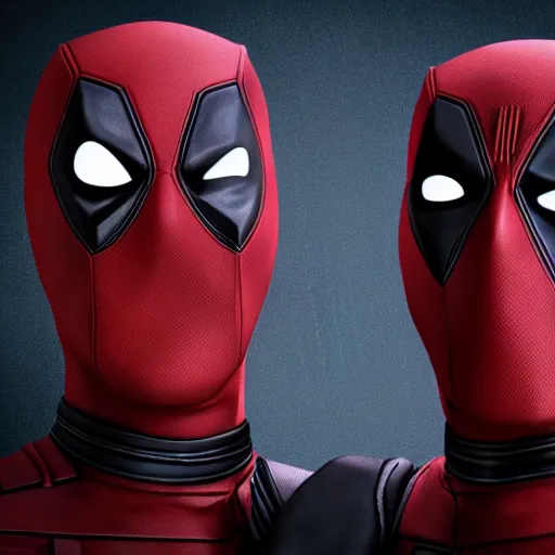 Prompt: deadpool twins but one is a robot , headshot photography, 4K 3D render, desktopography, HD Wallpaper, digital art