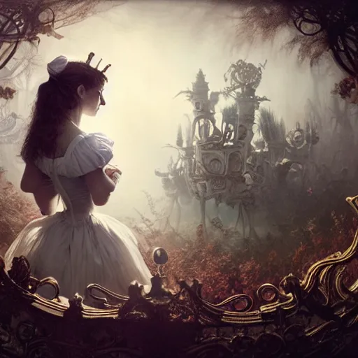 Image similar to Alice in Wonderland at the Dark Carnival, highly detailed, artstation, intricate, smooth, sharp focus, horror, illustration, art by greg rutkowski and orientalism and bouguereau and Zdzislaw Beksinski, good clear quality, lighting, biology, symmetrical artwork, perfect face, 135 mm, cinematic, hyper realism, high detail, octane render, 8k, chrome accents