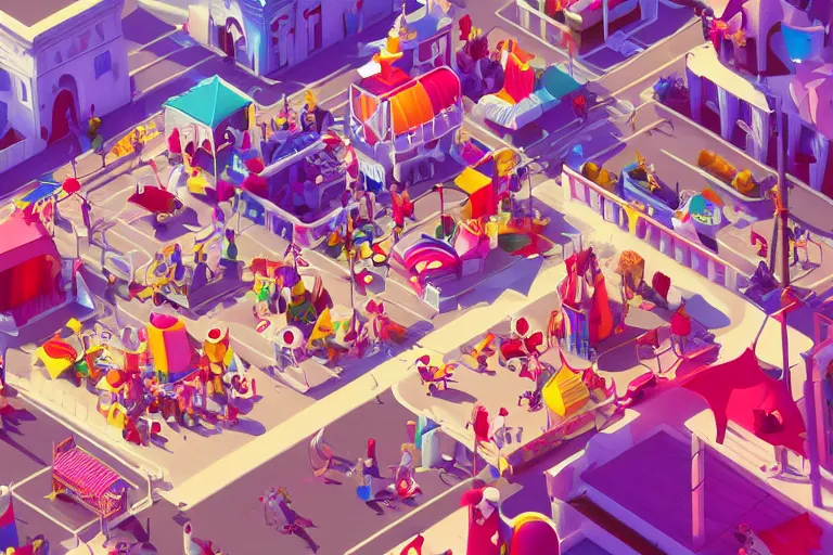 Prompt: carnival , isometric game art, white furniture, bright, artstation, highly detailed, cinematic lighting + masterpiece