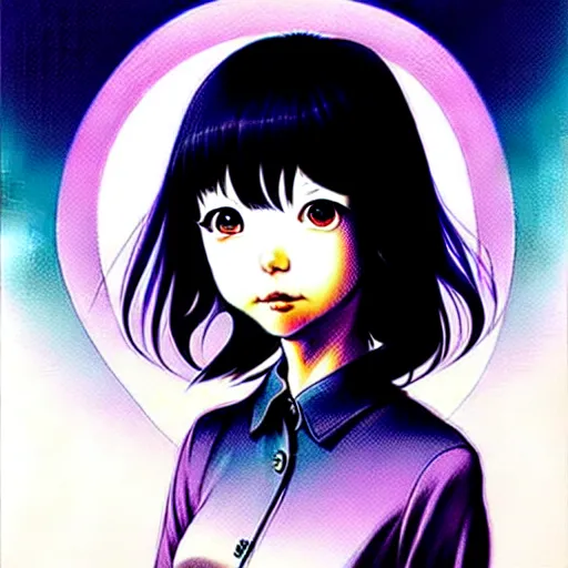 Image similar to bemused to be enveloped in warn portrait of tomoko kuroki looking straight on, complex artistic color illustration, full detail, soft shadowing, fully immersive reflections and particle effects, concept art by artgerm, by range murata