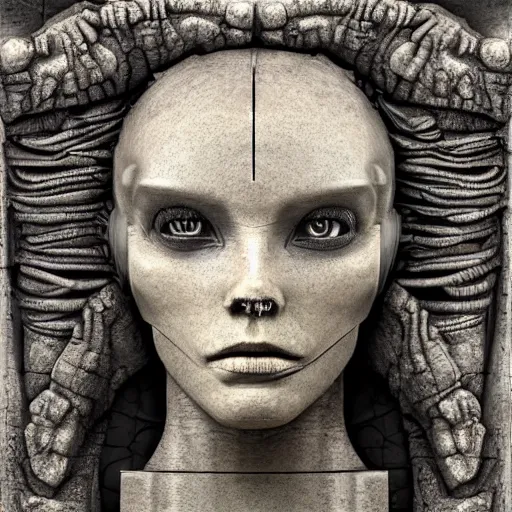 Image similar to a 3 d stone render portrait of a cyborg machina - nymphette by tony diterlizzi and h. r giger, ilford hp 5, 5 5 mm, hyper realistic, hyper - mechanistic by artgerm, tomasz alen kopera, peter mohrbacher, hyper - goth, horror - core, joseph christian leyendecker