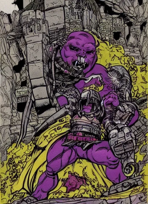 Prompt: detailed fantasy comic book drawing of a ( mechanical ogre ) attacking a ( stronghold castle ) by jack kirby!!! and gris grimly, cinematic, epic, awesome bright color palette, hard contrast, black ink outlines