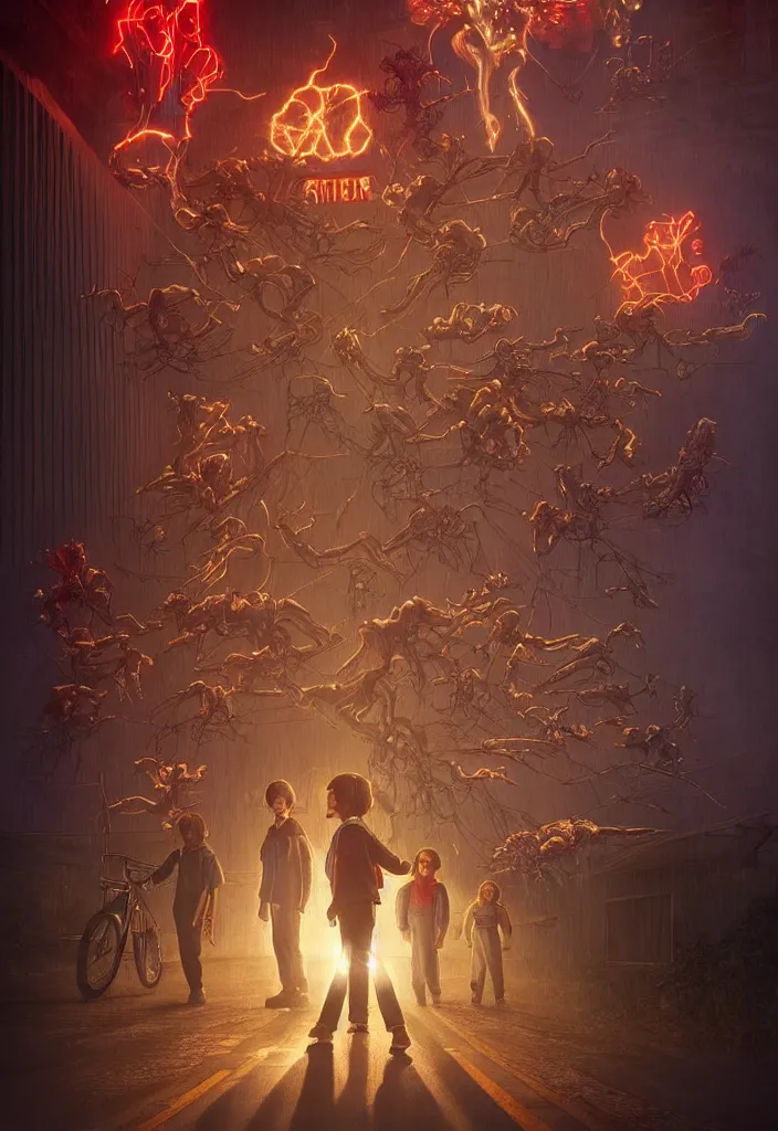 Prompt: 😈 👹 stranger things in toronto downtown city. studio lighting digital art station unreal engine render by jessica rossier and j. c. leyendecker and alphonse mucha, dreamworks