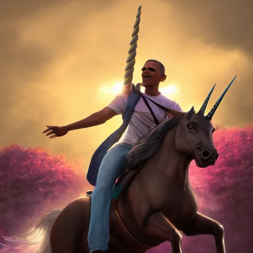 Image similar to obama riding a unicorn, hyperrealistic masterpiece, trending on artstation, cgsociety, kodakchrome, golden ratio, cinematic, composition, beautiful lighting, hyper detailed, octane render, 4 k, unreal engine