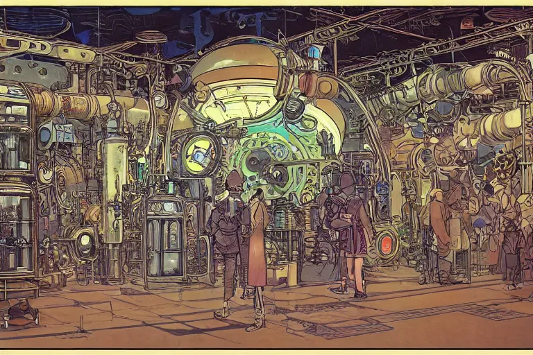 Image similar to front view on steampunk lab with big vapor tubes and alchemy equipment, mad scientist working, giant video screens, sci - fi vending machine, big plants, clock, retrofuturism, concept art by mucha and moebius and victo ngai, clean line, diesel punk