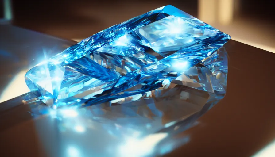 Prompt: blue diamond on a table reflecting sunlight, hyperdetailed, artstation, cgsociety, 8 k