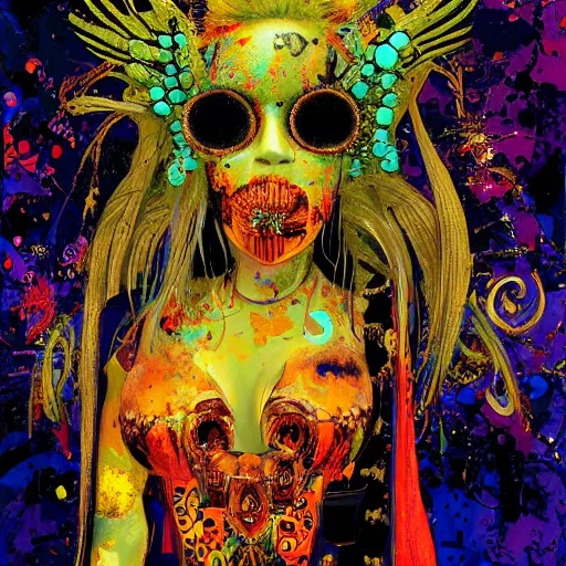 Image similar to high definition highly detailed baroque cyberpunk shamaness, varnished oil paint in bright colors on black background with small background color splatters, by katsuhiro otomo