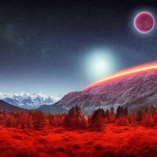 Prompt: A forested valley surrounded by snow-capped mountains at night, a red nebula and orange gas giant with rings in the sky, no clouds, sci-fi, photorealistic