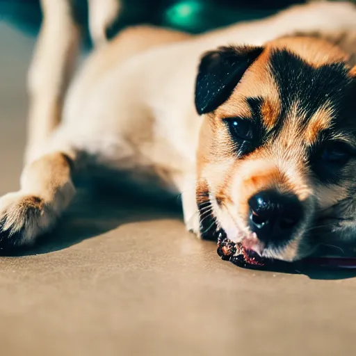 Image similar to macro image of a super cute dog puppy that is eating a cheeseburger