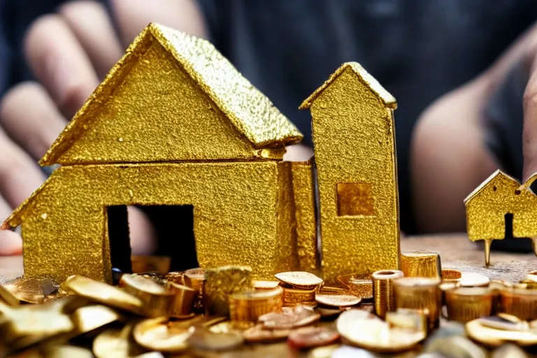 Image similar to a house, made of gold, under construction, tiny men working, with piles of coins around it