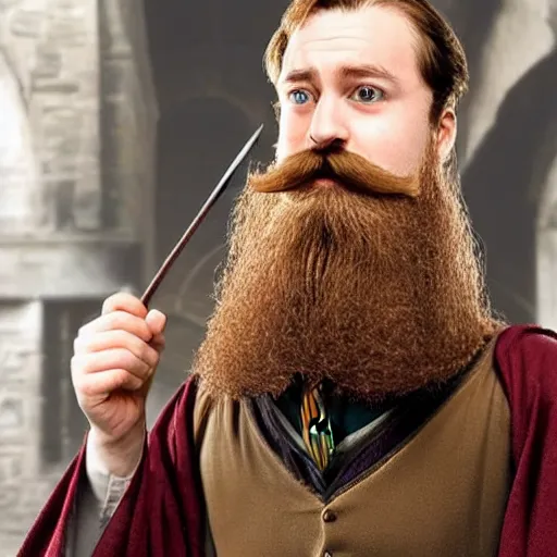 Prompt: harry potter with long beards and beautiful mustache, combing his beard