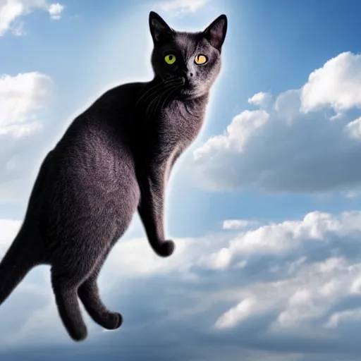 Image similar to a dark grey cat on a cloud floating in the sky, photography photorealistic