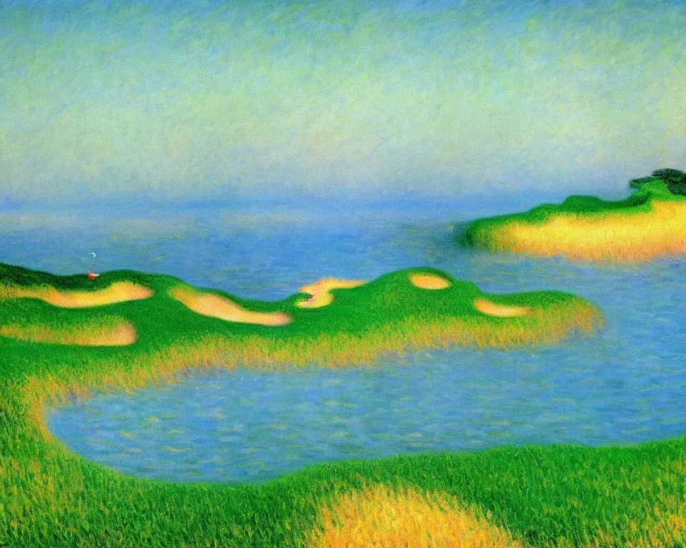 Image similar to achingly beautiful painting of pacific dunes course by rene magritte, monet, and turner.