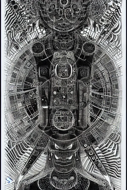 Image similar to a black and white drawing of awakened chakra android cyberpunk being, bioluminescence, a detailed mixed media collage by eduardo paolozzi and ernst haeckel, intricate linework, sketchbook psychedelic doodle comic drawing, geometric, deconstructivism, matte drawing, academic art, constructivism