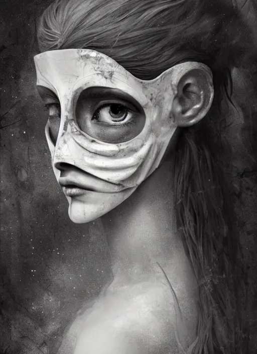 Prompt: close up of a veiled half scull mask girl on the ruins temple, looking at the camera very curiously, fingers on lips, smog on the floor, extremely beautiful and aesthetic and attractive and cute detailed face and body, intricate, chiaroscuro, model pose, fantasy illustrations, vogue cover, by makoto shinkai and jeremy lipking and ferdinand knab