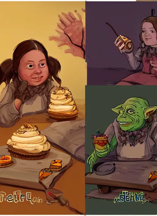 Image similar to greta thunberg as a medieval goblin eating cakes, detailed digital art, trending on Artstation