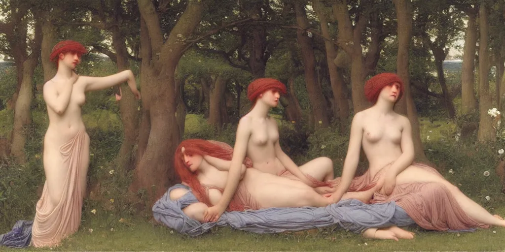 Image similar to et in Arcadia Ego, in the style of Thomas Cooper Gotch, John William Godward, Edgard Maxence, Jules Bastien-Lepage, oil on canvas, 4k resolution, 1890