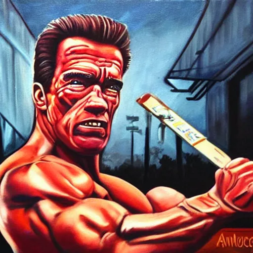 Image similar to A painting Arnold Schwarzenegger from terminator 1984 riding a skateboard smoking cigar, gloomy, portrait, ambient lighting,