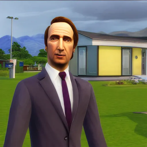 Image similar to saul better call saul, saul goodman, in the sims, realistic, photorealistic, high - resolution, sigma art 8 5 mm f 1. 4, very very saul goodman, very very very saul goodman, better call saul, inside the sims