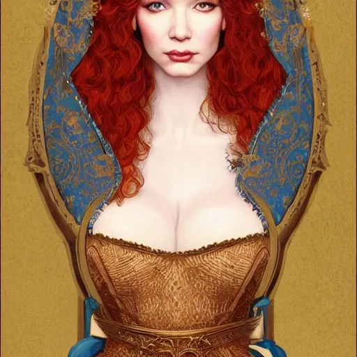 Prompt: a beautiful portrait of christina hendricks as a medieval noblewoman, fantasy, intricate, elegant, highly detailed, digital painting, artstation, concept art, matte, sharp focus, illustration, luminist and baroque style