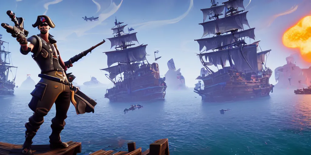 Prompt: A screenshot of a fortnite pirate standing on the front of the ghost ship with the black Jolly Roger flag, in Fortnite, extremely detailed, pirate portrait, fantasy art overwatch and heartstone, cgsociety, artstation hq, octane render, 8k, Unreal Engine, 4K UHD, RTX, DLSS,
