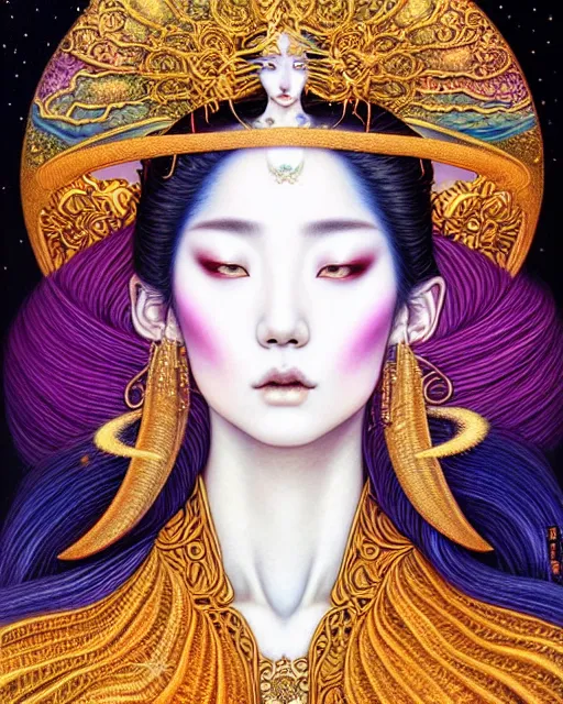 Image similar to portrait of a beautiful moon goddess, unusual beauty, esoteric, outher worldly colours, head in focus, fantasy art, ornamental aesthetics,, intricate, elegant, highly detailed, hyperrealistic painting, artstation, concept art, painterly, golden ratio, sharp focus, illustration, art by chie yoshii
