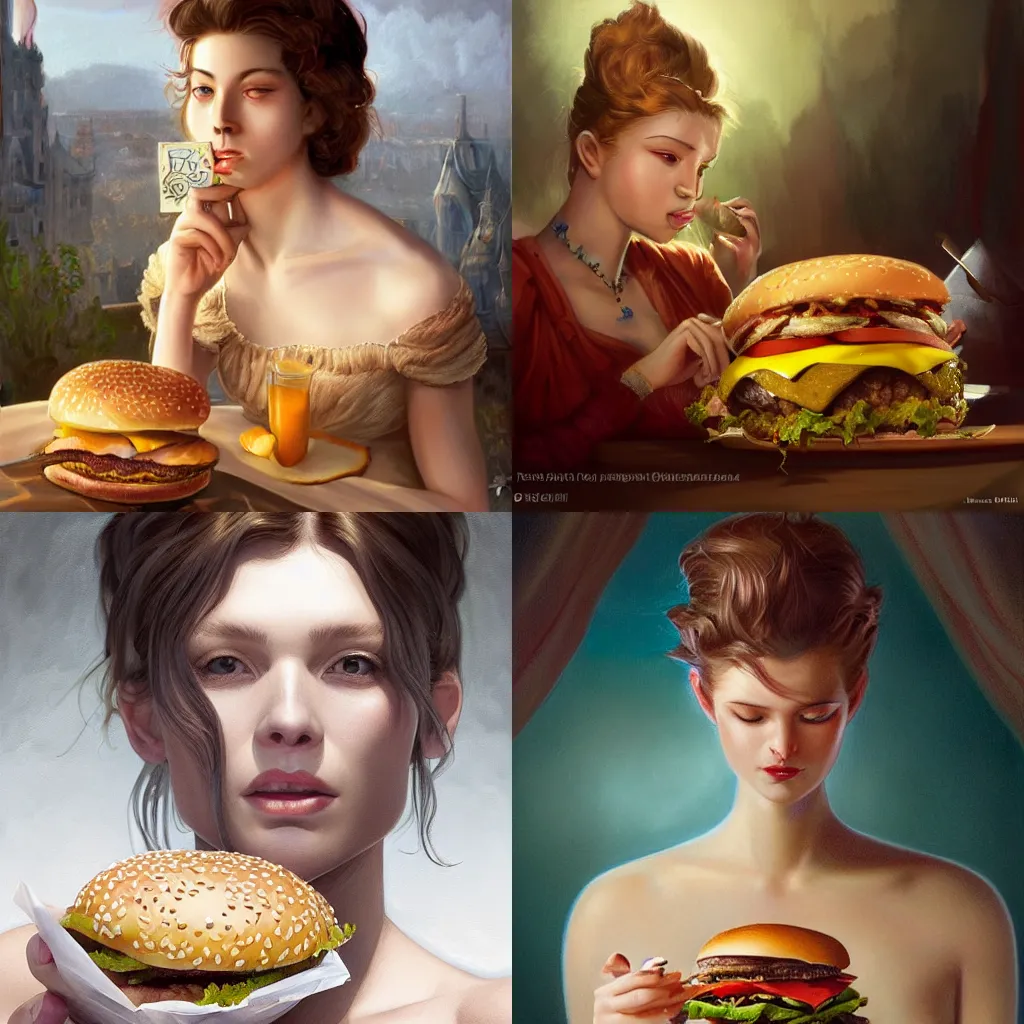 Prompt: portrait of zbigniew stonoga eating hamburgers, extra onions and ketchup, luscious patty with sesame seeds, feminine ethereal, handsome, D&D, fantasy, intricate, elegant, highly detailed, digital painting, artstation, concept art, matte, sharp focus, illustration, art by Artgerm and Greg Rutkowski and Alphonse Mucha